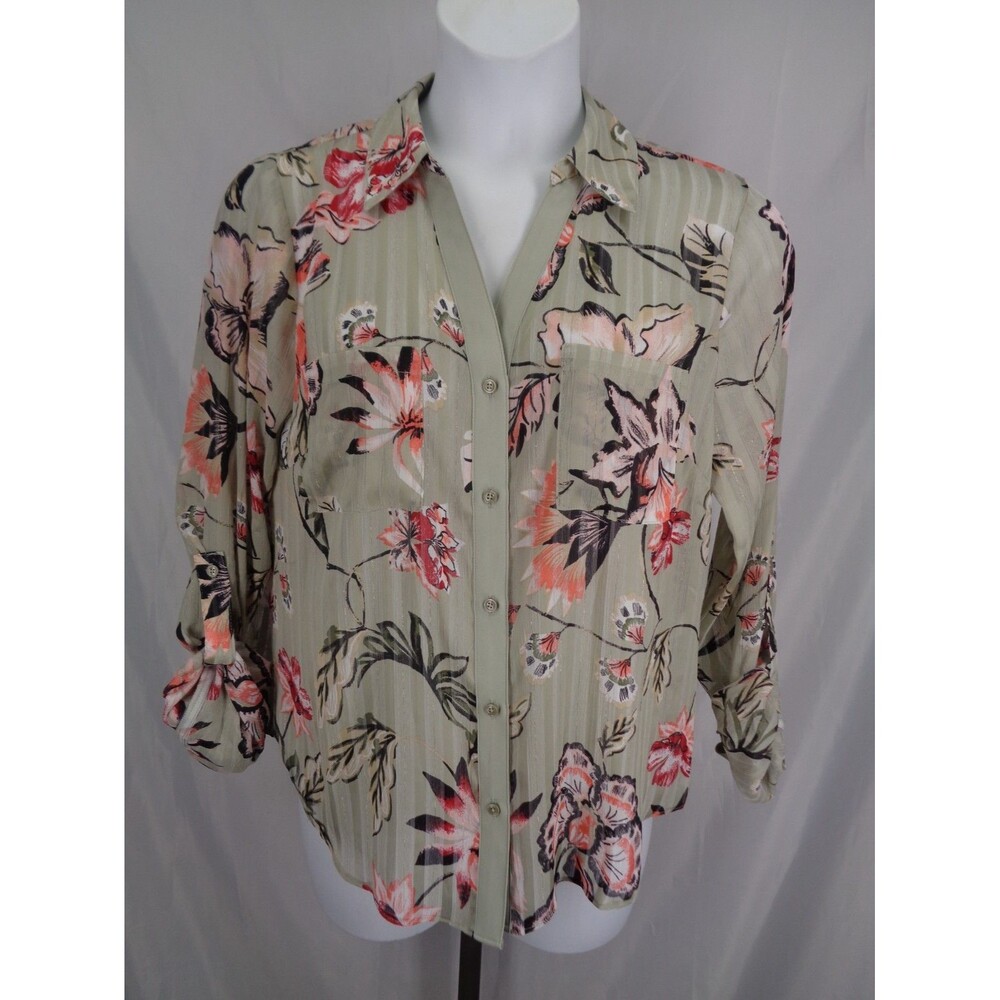 White House Black Market Shadow Stripe Floral Button Shirt Tab Sleeve Sz 14 New